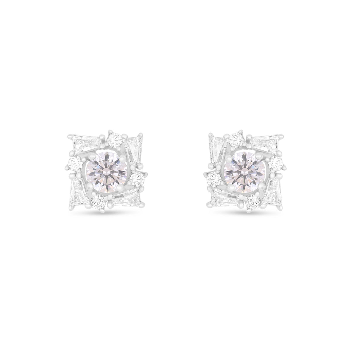 Sterling Silver 925 Earring Rhodium Plated Embedded With Pink Zircon And White Zircon