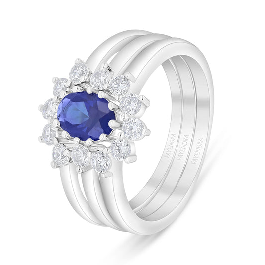 Sterling Silver 925 Ring (3pieces) Rhodium Plated Embedded  With Sapphire Zircon And White Zircon