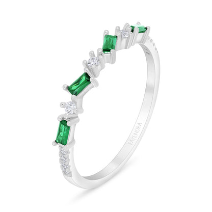 Sterling Silver 925 Ring Rhodium Plated Embedded With Emerald Zircon And White Zircon