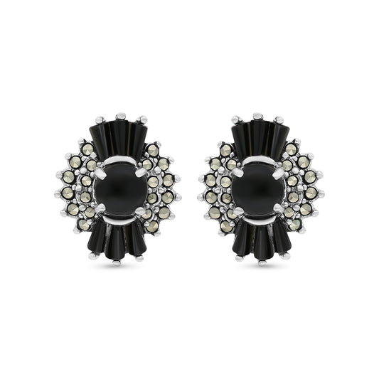 Sterling Silver 925 Earring Embedded With Natural Black Agate And Marcasite Stones