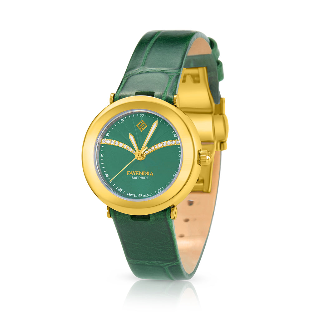 Stainless Steel 316L Watch Golden Color Green Leather And White Zircon - GREEN METAL DIAL