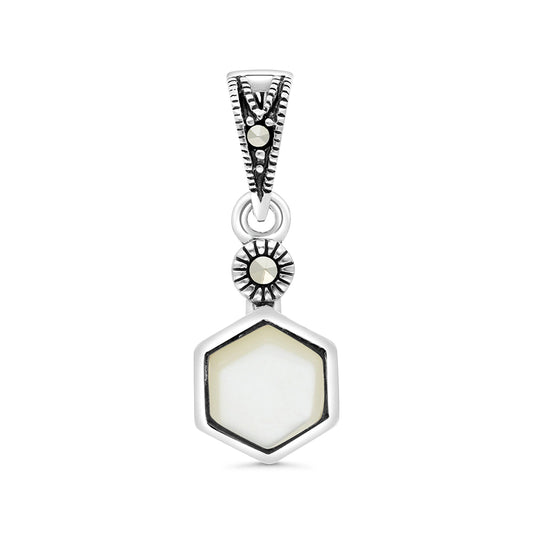 Sterling Silver 925 Pendant Embedded With Natural White Shell And Marcasite Stones