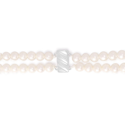 Necklace Of Natural White Pearl Double Strand, 5.5 - 6 mm Round Beads With A Sterling Silver 925 clasp