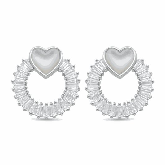 Sterling Silver 925 Earring Rhodium Plated Embedded With white Shell And White Zircon