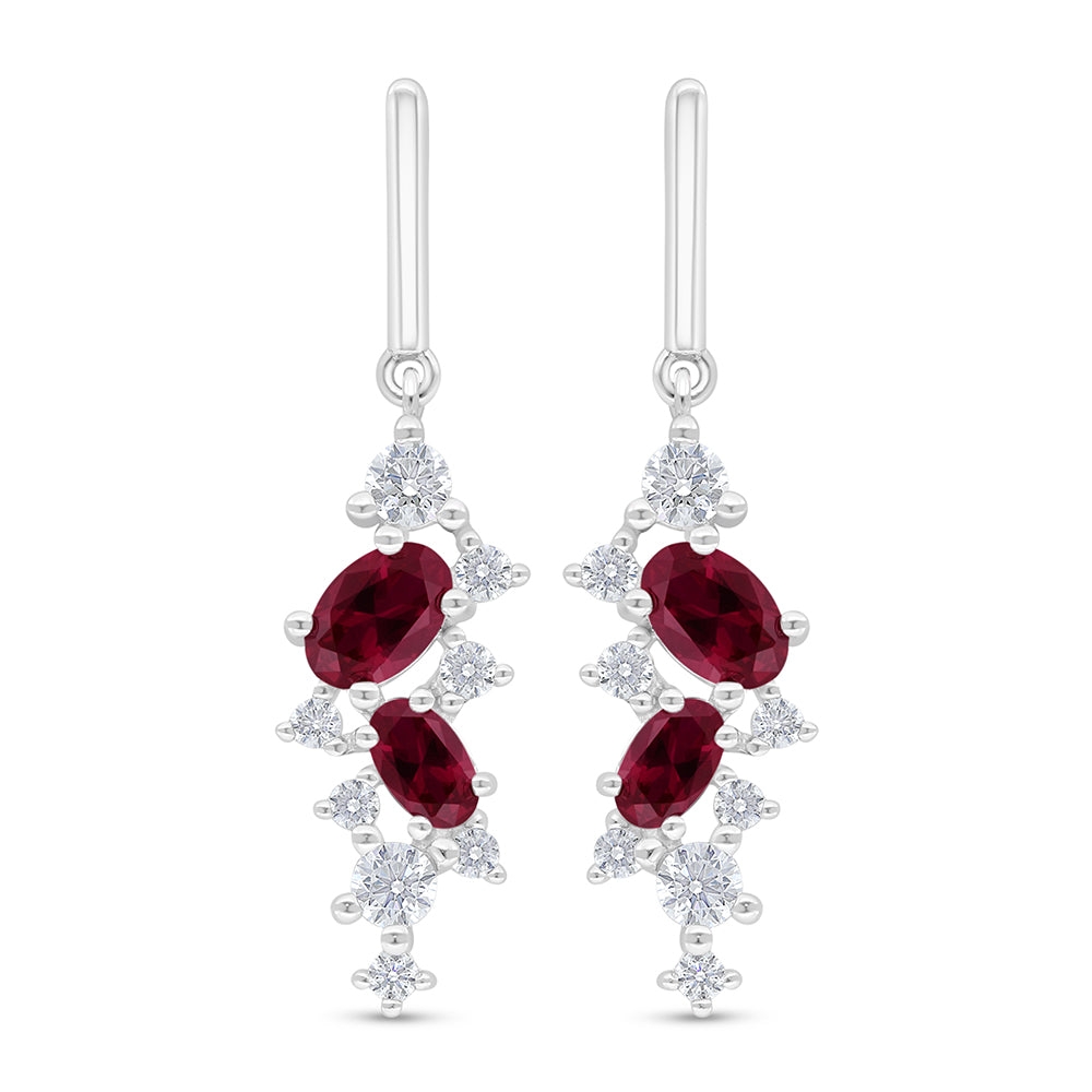 Sterling Silver 925 Earring Rhodium Plated Embedded With Ruby Corundum And White Zircon