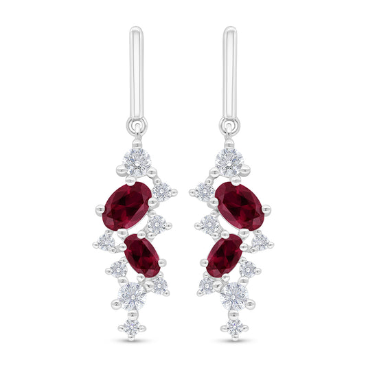 Sterling Silver 925 Earring Rhodium Plated Embedded With Ruby Corundum And White Zircon