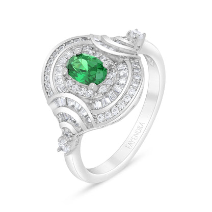 Sterling Silver 925 Ring Rhodium Plated Embedded With Emerald Zircon And White Zircon