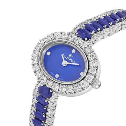Stainless Steel 316L Watch Silver Color Embedded With Sapphire Corunساعة ستانلس ستيل عيار 316L بلون فضي مرصعة زفير كروندوم و فص ابيض - مينا حجر صدف ام اللالئ الأزرقdum And White Zircon - BLUE MOP DIAL