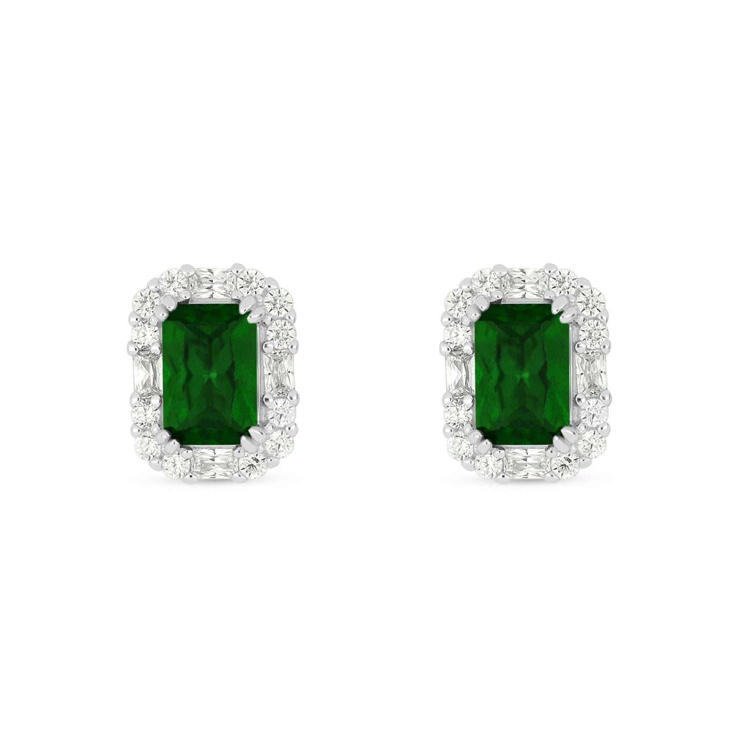 Sterling Silver 925 Earring Rhodium Plated Embedded With Emerald Zircon And White Zircon