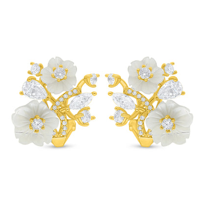 Sterling Silver 925 Earring Golden Plated Embedded With White Shell And White Zircon