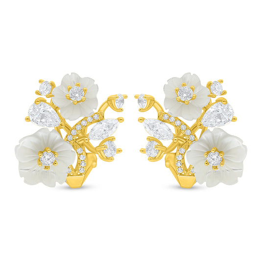 Sterling Silver 925 Earring Golden Plated Embedded With White Shell And White Zircon