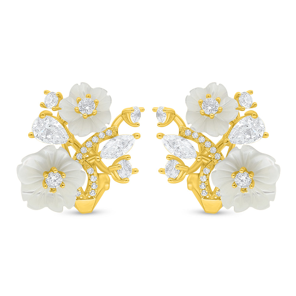 Sterling Silver 925 Earring Golden Plated Embedded With White Shell And White Zircon