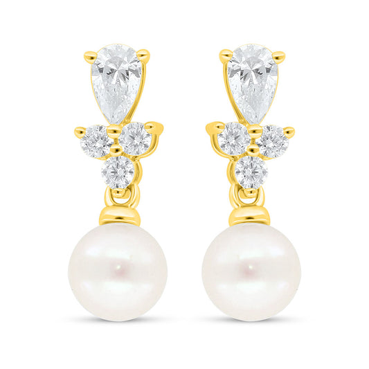 Sterling Silver 925 Earring Golden Plated Embedded With Fresh Water Pearl And White Zircon