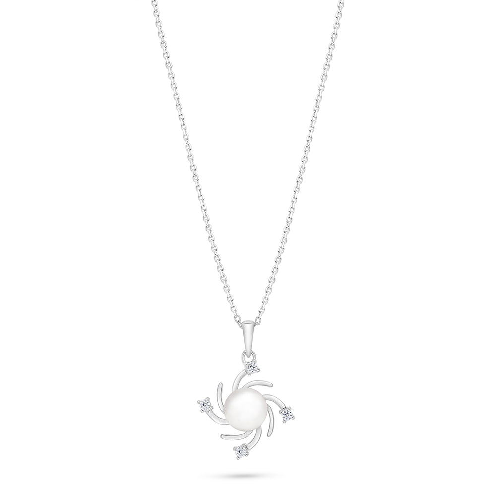 Sterling Silver 925 Necklace Rhodium Plated Embedded With Natural White Pearl And White Zircon