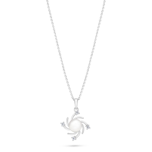 Sterling Silver 925 Necklace Rhodium Plated Embedded With Natural White Pearl And White Zircon
