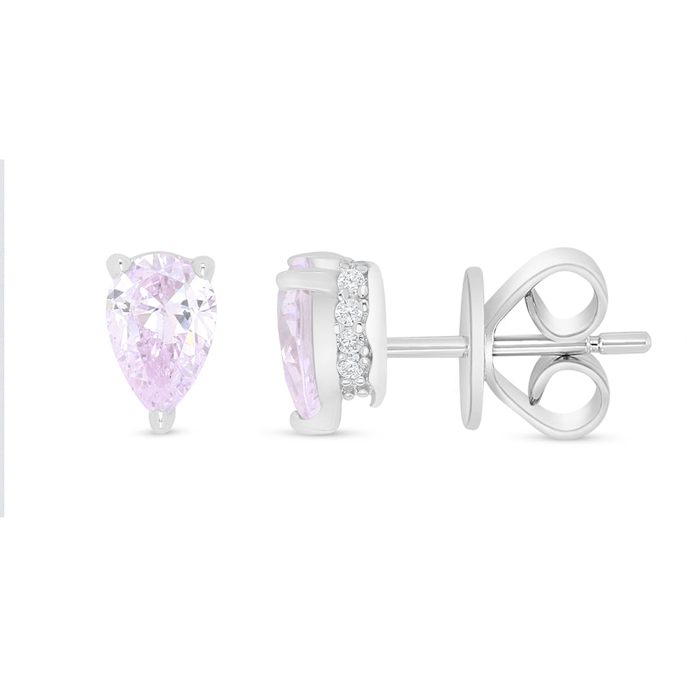 Sterling Silver 925 Earring Rhodium Plated Embedded With Pink Zircon And White Zircon