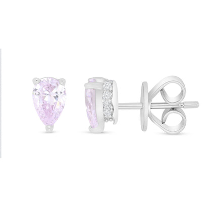 Sterling Silver 925 Earring Rhodium Plated Embedded With Pink Zircon And White Zircon