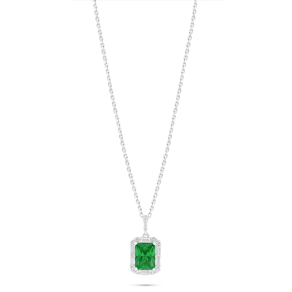 Sterling Silver 925 Necklace Rhodium Plated Embedded With Emerald Zircon And White Zircon