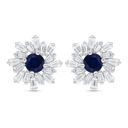 Sterling Silver 925 Earring Rhodium Plated Embedded With Sapphire Corundum And White Zircon