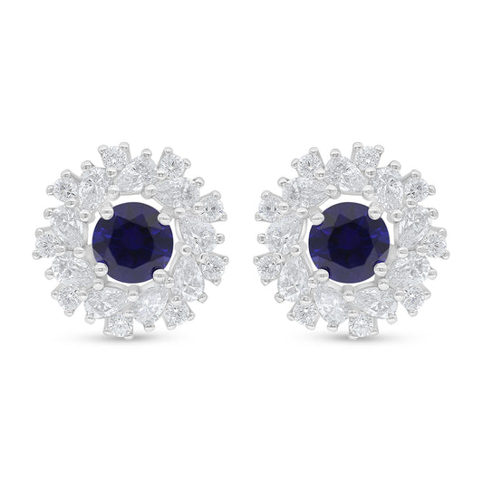 Sterling Silver 925 Earring Rhodium Plated Embedded With Sapphire Corundum And White Zircon