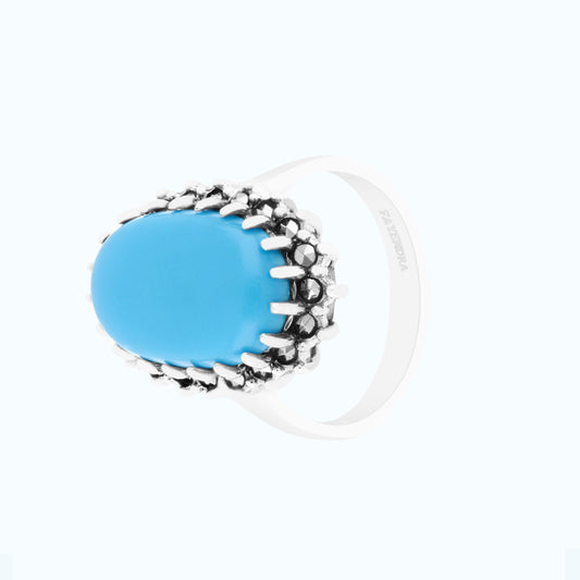Sterling Silver 925 Ring Embedded With Natural Processed Turquoise And Marcasite Stones