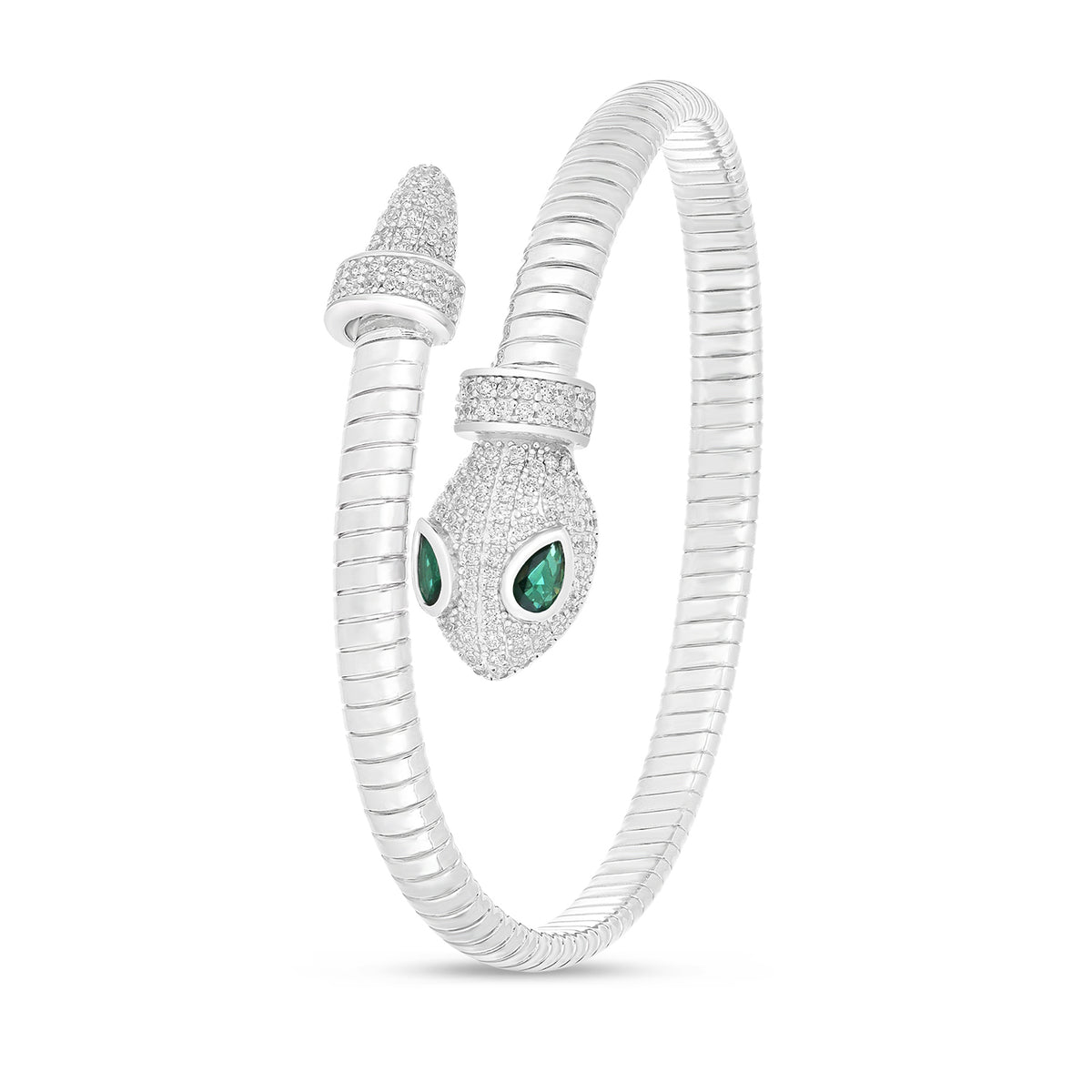 Sterling Silver 925 Bangle Rhodium Plated Embedded With Emerald Zircon And White Zircon ( 48*54 )