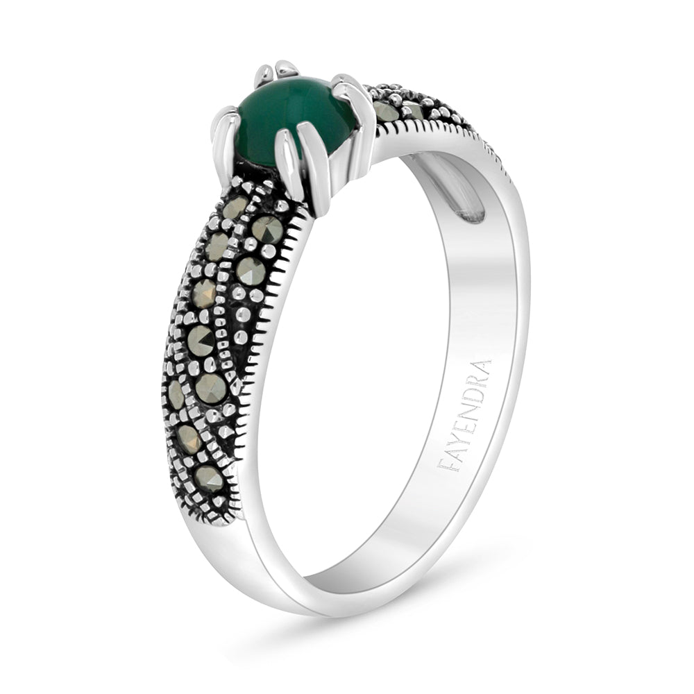 Sterling Silver 925 Ring Embedded With Natural Green Agate And Marcasite Stones