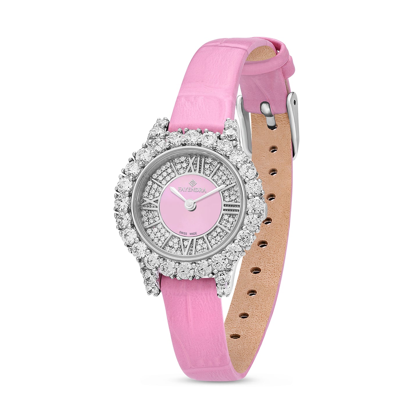 Stainless Steel 316 Watch Silver Color Pink Leather Embedded With White Zircon - PINK MOP DIAL