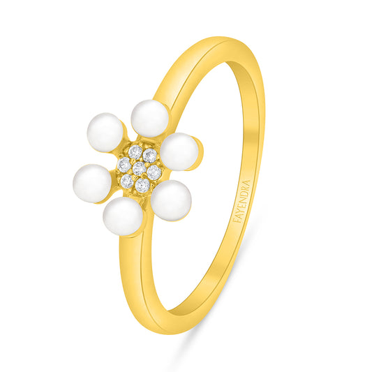 Sterling Silver 925 Ring Golden Plated Embedded With Natural White Pearl And White Zircon