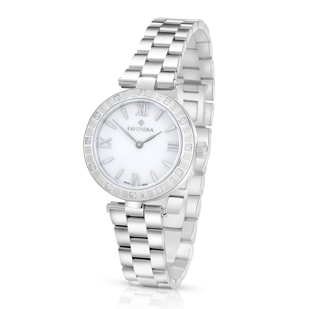 ساعة ستانلس ستيل عيار L316 بلون فضي و فص ابيض - مينا حجر صدف ام اللالئ الابيض