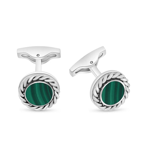 Stainless Steel Cufflink 316L Silver Color Embedded With Malachite Shiny Steel