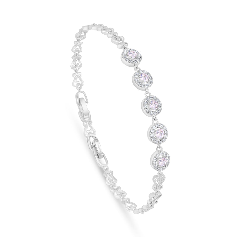 Sterling Silver 925 Bracelet Rhodium Plated Embedded With Pink Zircon And White Zircon