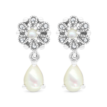 Sterling Silver 925 Set Embedded With Natural White Shell And Marcasite Stones