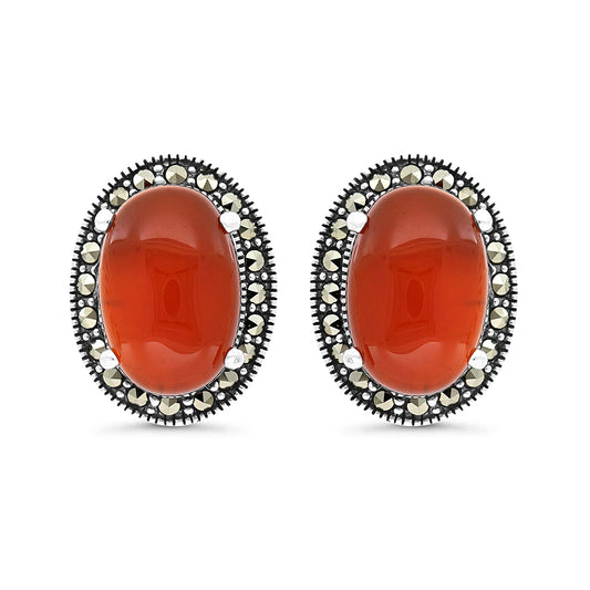 Sterling Silver 925 Earring Embedded With Natural Aqiq And Marcasite Stones
