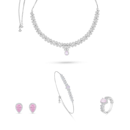 Sterling Silver 925 Set Rhodium Plated Embedded With Pink Zircon And White Zircon