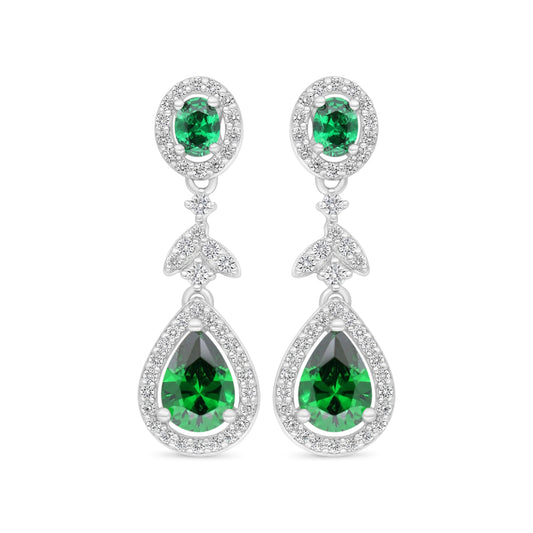 Sterling Silver 925 Earring Rhodium Plated Embedded With Emerald Zircon And White Zircon