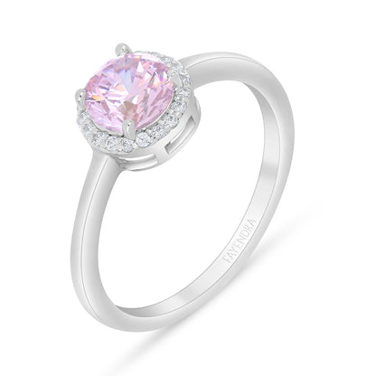 Sterling Silver 925 Ring Rhodium Plated Embedded With Pink Zircon And White Zircon