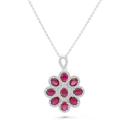 Sterling Silver 925 Necklace Rhodium Plated Embedded With Ruby Corundum And White CZ