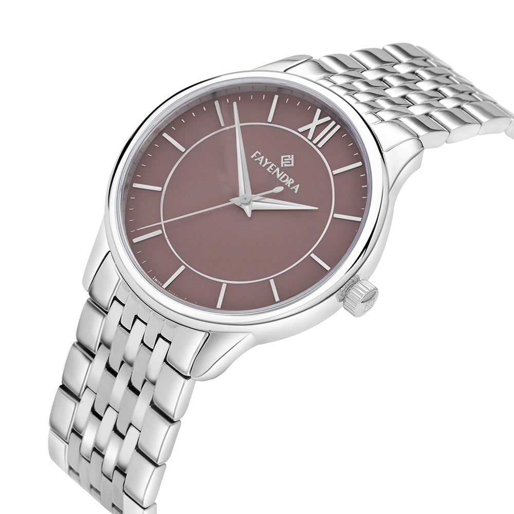 ساعة رجالي ستانلس ستيل عيار  L316 بلون فضي - مينا حجر صدف ام اللالئ البني