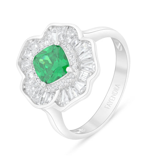 Sterling Silver 925 Ring Rhodium Plated Embedded With Emerald Zircon And White Zircon
