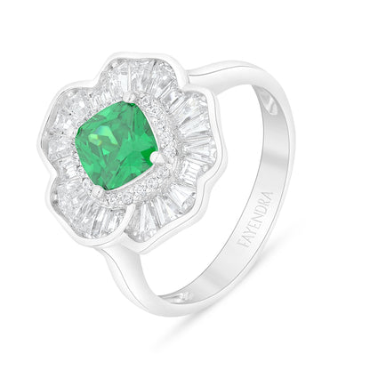 Sterling Silver 925 Ring Rhodium Plated Embedded With Emerald Zircon And White Zircon
