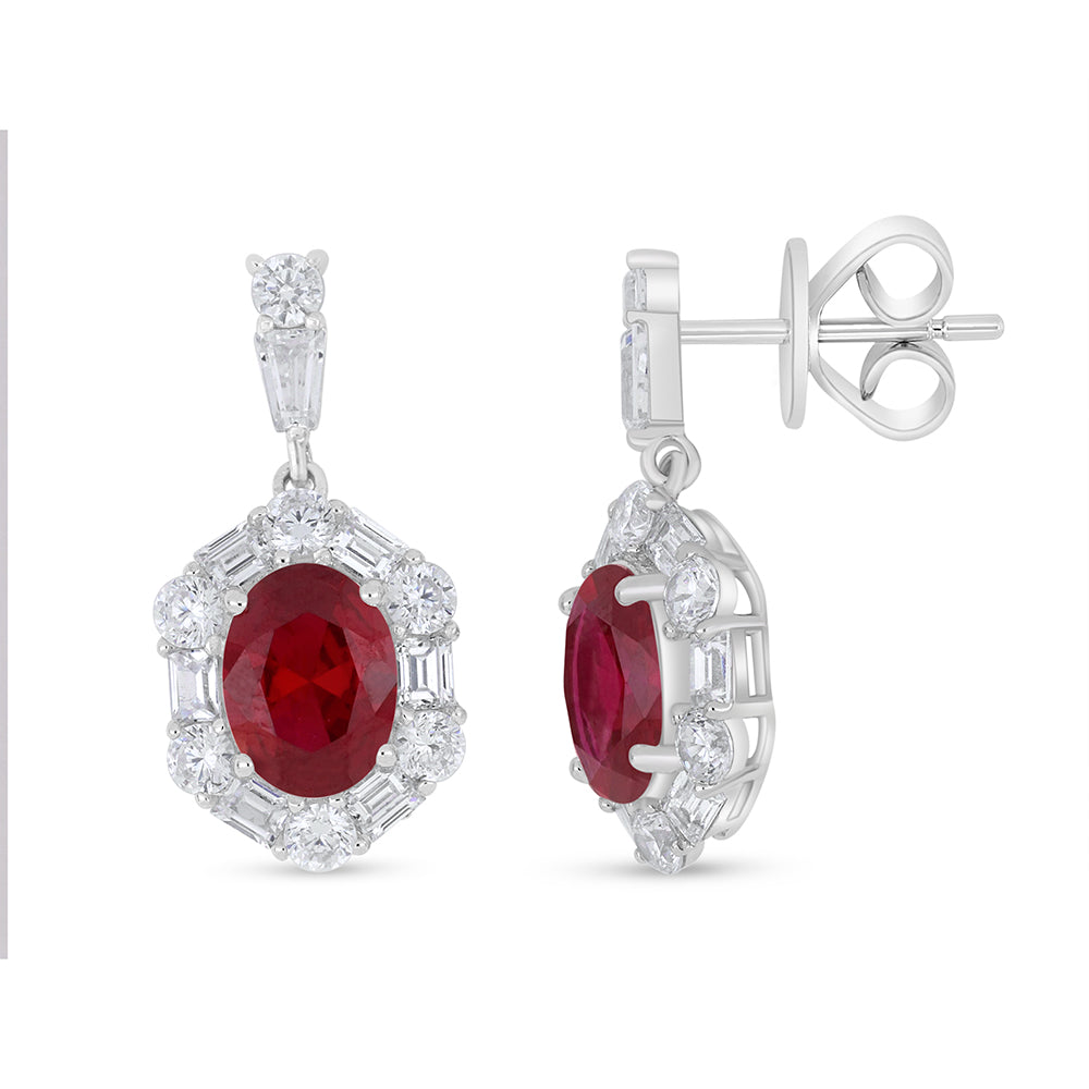 Sterling Silver 925 Earring Rhodium Plated Embedded With Ruby Corundum And White Zircon