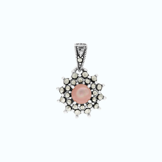 Sterling Silver 925 Pendant Embedded With Natural Pink Shell And Marcasite Stones