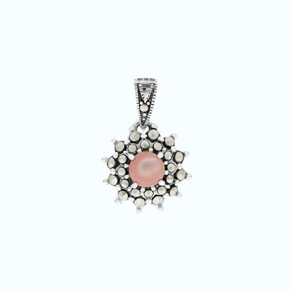 Sterling Silver 925 Pendant Embedded With Natural Pink Shell And Marcasite Stones