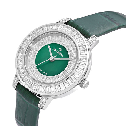 Stainless Steel 316L Watch Silver Color Green Leather Embedded With White Zircon - GREEN MOP DIAL