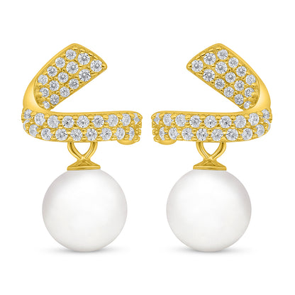 Sterling Silver 925 Earring Golden Plated Embedded With Natural White Pearl And White Zircon