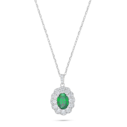 Sterling Silver 925 Necklace Rhodium Plated Embedded With Emerald Zircon And White Zircon
