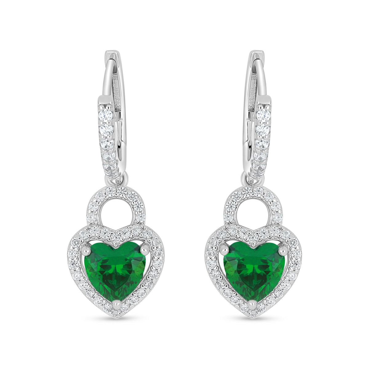 Sterling Silver 925 Earring Rhodium Plated Embedded With Emerald Zircon And White Zircon