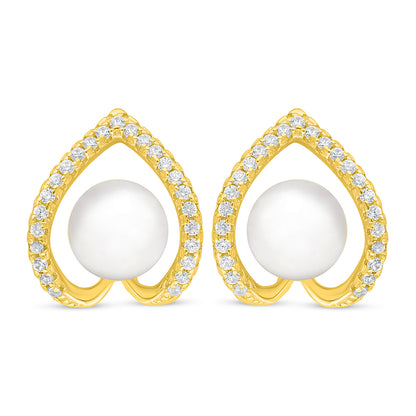 اقراط من الفضة الخالصة عيار 925 مطلية ذهبي مرصعة لولو ابيض طبيعي و فص ابيض