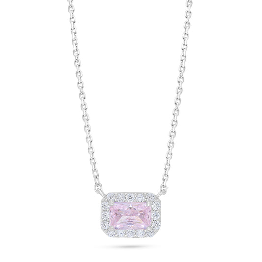 Sterling Silver 925 Necklace Rhodium Plated Embedded With Pink Zircon And White Zircon